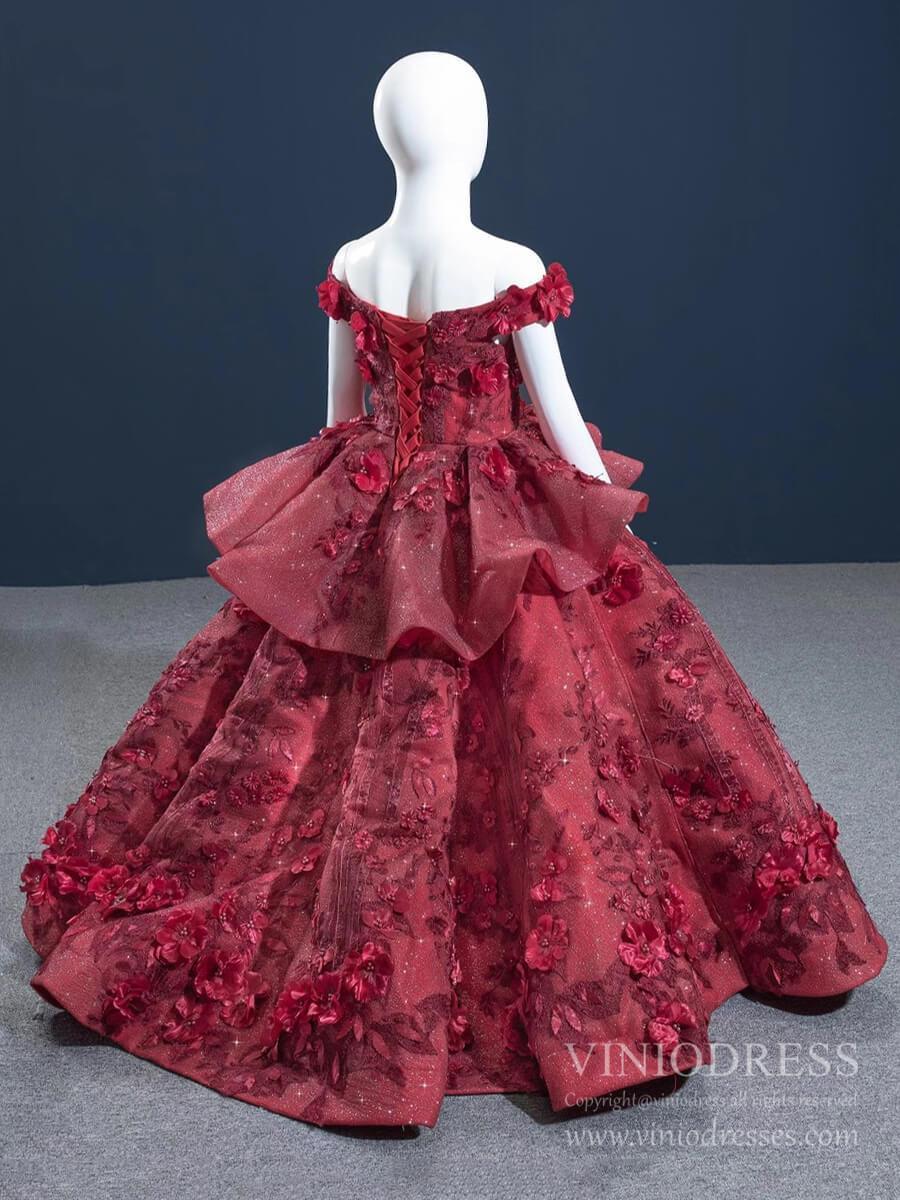 Burgundy 3D Flower Pageant Dress for Little Girls FD1479C-Pageant Dresses for Kids 2025 -Viniodress-Burgundy-CHILD 2-