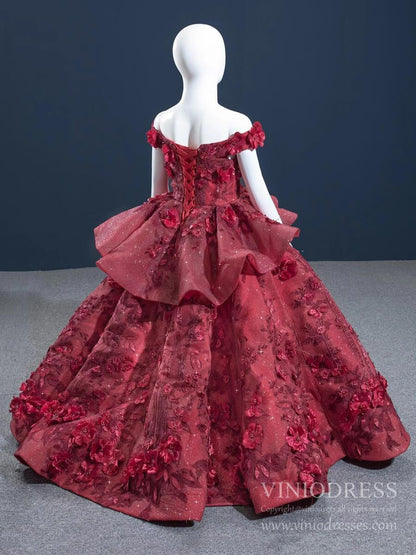 Burgundy 3D Flower Pageant Dress for Little Girls FD1479C-Pageant Dresses for Kids 2025 -Viniodress-Burgundy-CHILD 2-