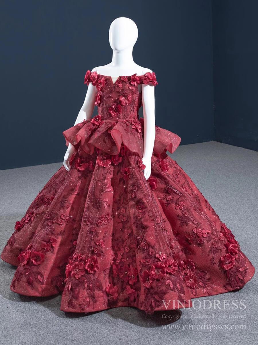 Burgundy 3D Flower Pageant Dress for Little Girls FD1479C-Pageant Dresses for Kids 2025 -Viniodress-Burgundy-CHILD 2-