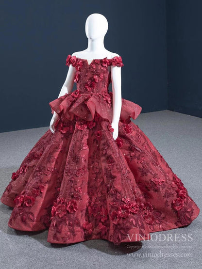 Burgundy 3D Flower Pageant Dress for Little Girls FD1479C-Pageant Dresses for Kids 2025 -Viniodress-Burgundy-CHILD 2-