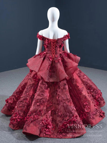 Burgundy 3D Flower Pageant Dress for Little Girls FD1479C-Pageant Dresses for Kids 2025 -Viniodress-Burgundy-CHILD 2-