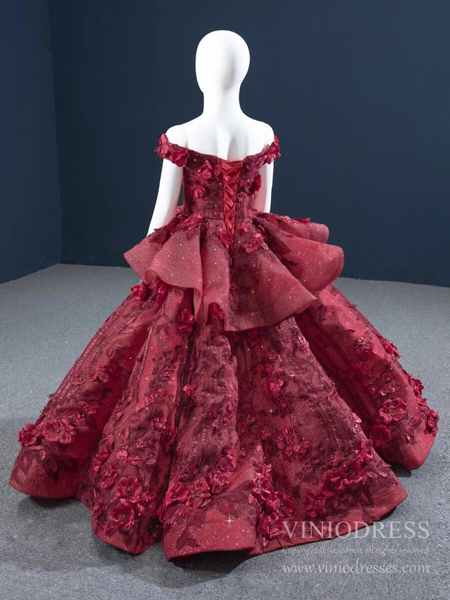 Burgundy 3D Flower Pageant Dress for Little Girls FD1479C-Pageant Dresses for Kids 2025 -Viniodress-Burgundy-CHILD 2-