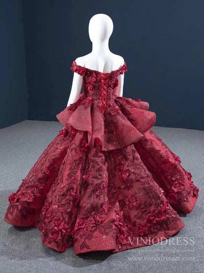 Burgundy 3D Flower Pageant Dress for Little Girls FD1479C-Pageant Dresses for Kids 2025 -Viniodress-Burgundy-CHILD 2-