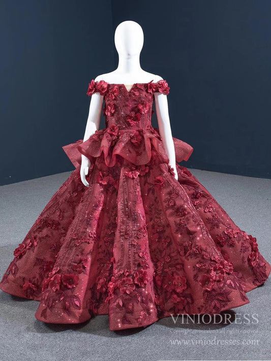 Burgundy 3D Flower Pageant Dress for Little Girls FD1479C-Pageant Dresses for Kids 2025 -Viniodress-Burgundy-CHILD 2-