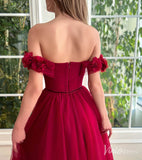 Burgundy 3D Flower Prom Dresses with Pockets Off the Shoulder Formal Dress with Slit TO025-prom dresses-Viniodress-Viniodress