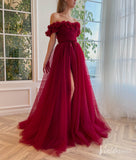 Burgundy 3D Flower Prom Dresses with Pockets Off the Shoulder Formal Dress with Slit TO025-prom dresses-Viniodress-Viniodress