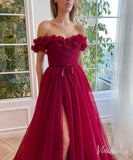 Burgundy 3D Flower Prom Dresses with Pockets Off the Shoulder Formal Dress with Slit TO025-prom dresses-Viniodress-Viniodress