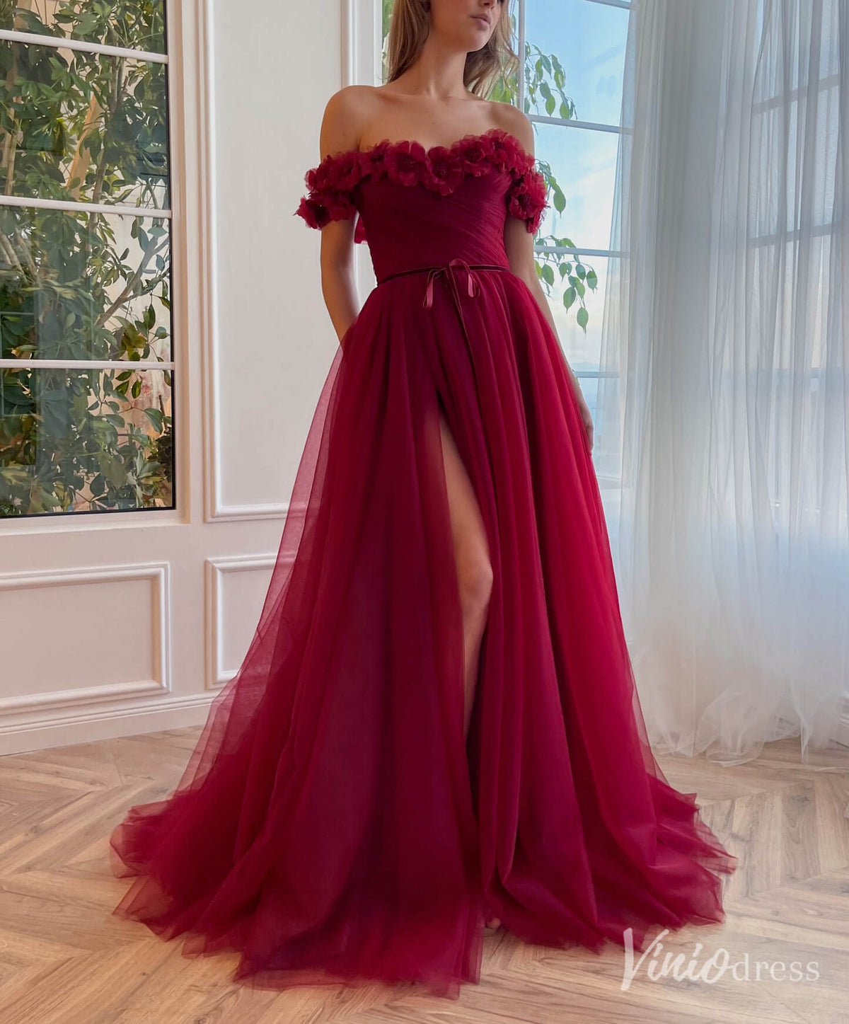 Burgundy 3D Flower Prom Dresses with Pockets Off the Shoulder Formal Dress with Slit TO025-prom dresses-Viniodress-Burgundy-Custom Size-Viniodress