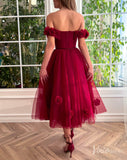 Burgundy 3D Flower Prom Dresses with Pockets Off the Shoulder Maxi Dress TO024-prom dresses-Viniodress-Viniodress