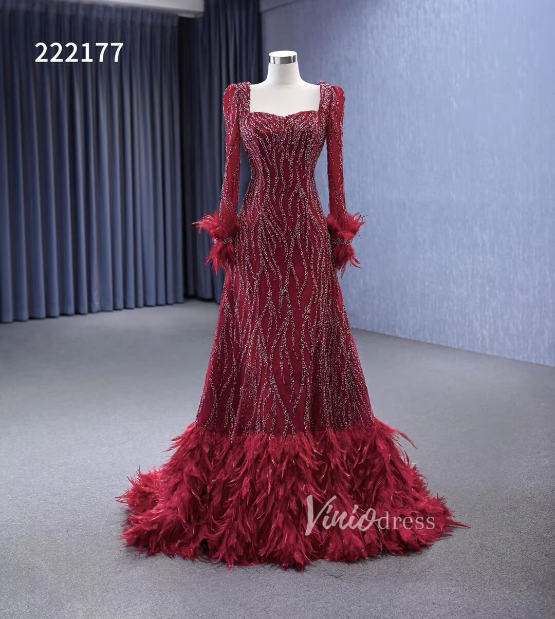 Burgundy Beade Formal Dresses Long Sleeve Prom Dress with Feathers 222177-wedding dresses 2025 -Viniodress-Burgundy-Custom Size-