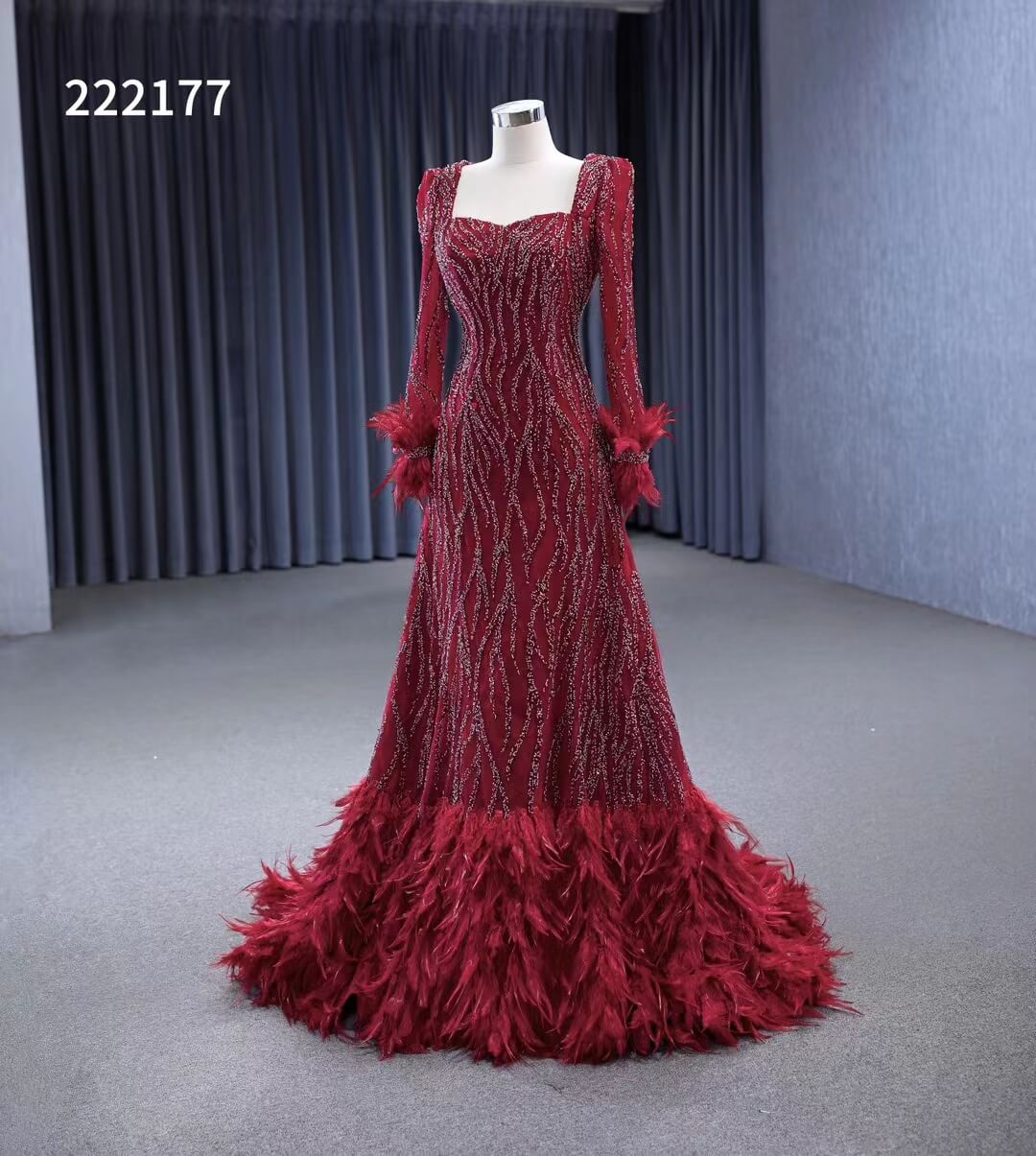 Burgundy Beade Formal Dresses Long Sleeve Prom Dress with Feathers 222177-wedding dresses 2025 -Viniodress-Burgundy-Custom Size-