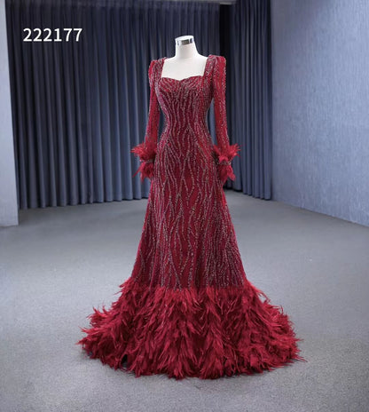 Burgundy Beade Formal Dresses Long Sleeve Prom Dress with Feathers 222177-wedding dresses 2025 -Viniodress-Burgundy-Custom Size-