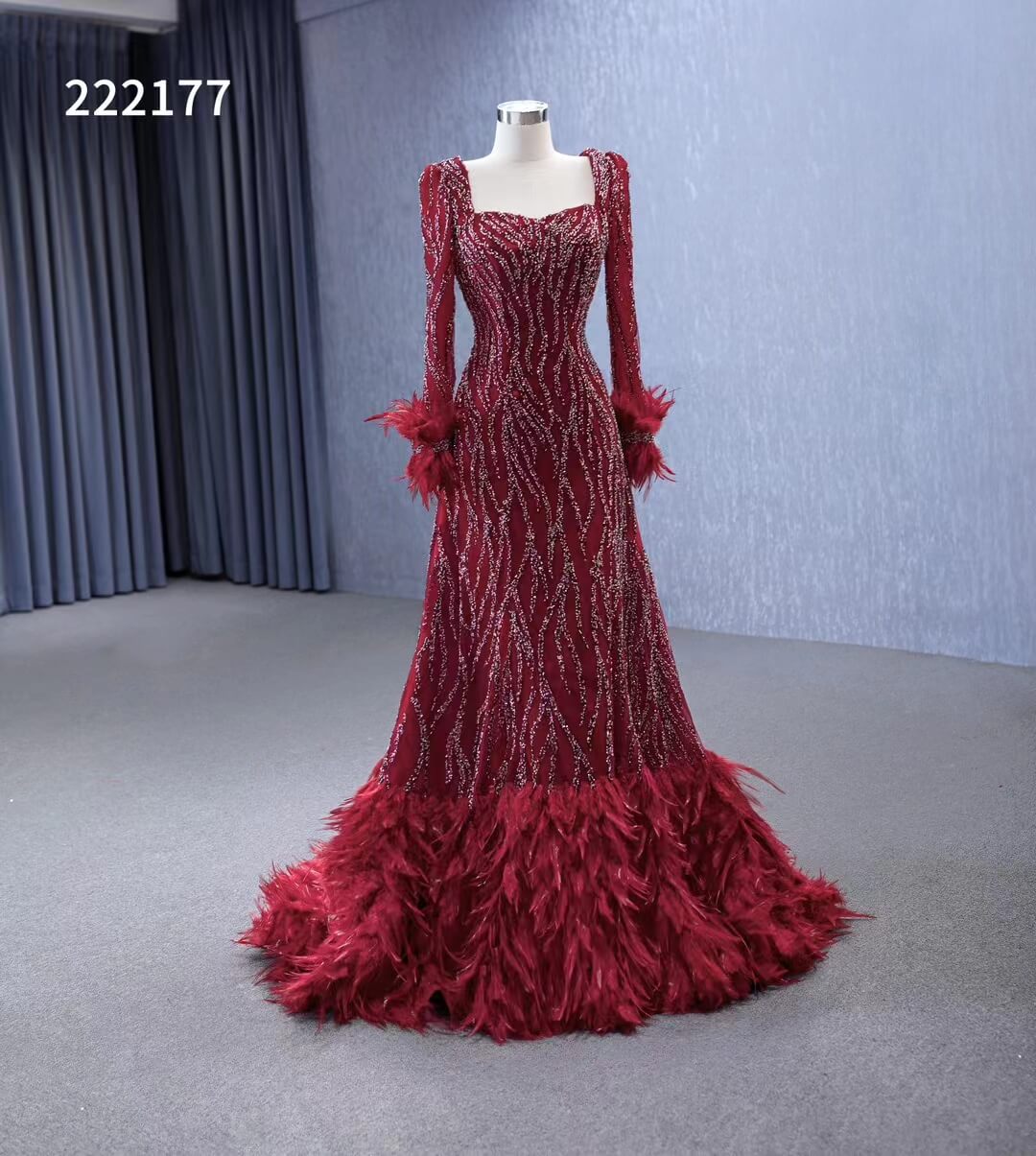 Burgundy Beade Formal Dresses Long Sleeve Prom Dress with Feathers 222177-wedding dresses 2025 -Viniodress-Burgundy-Custom Size-