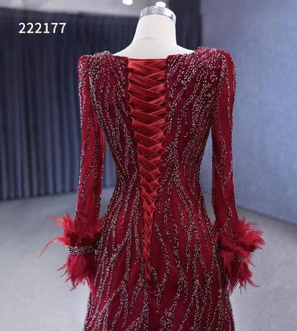 Burgundy Beade Formal Dresses Long Sleeve Prom Dress with Feathers 222177-wedding dresses 2025 -Viniodress-Burgundy-Custom Size-