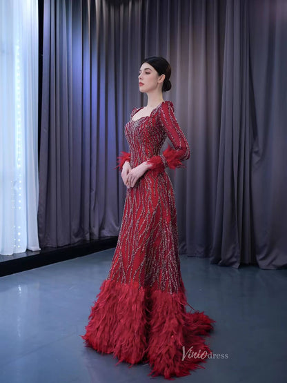 Burgundy Beade Formal Dresses Long Sleeve Prom Dress with Feathers 222177-wedding dresses 2025 -Viniodress-Burgundy-Custom Size-