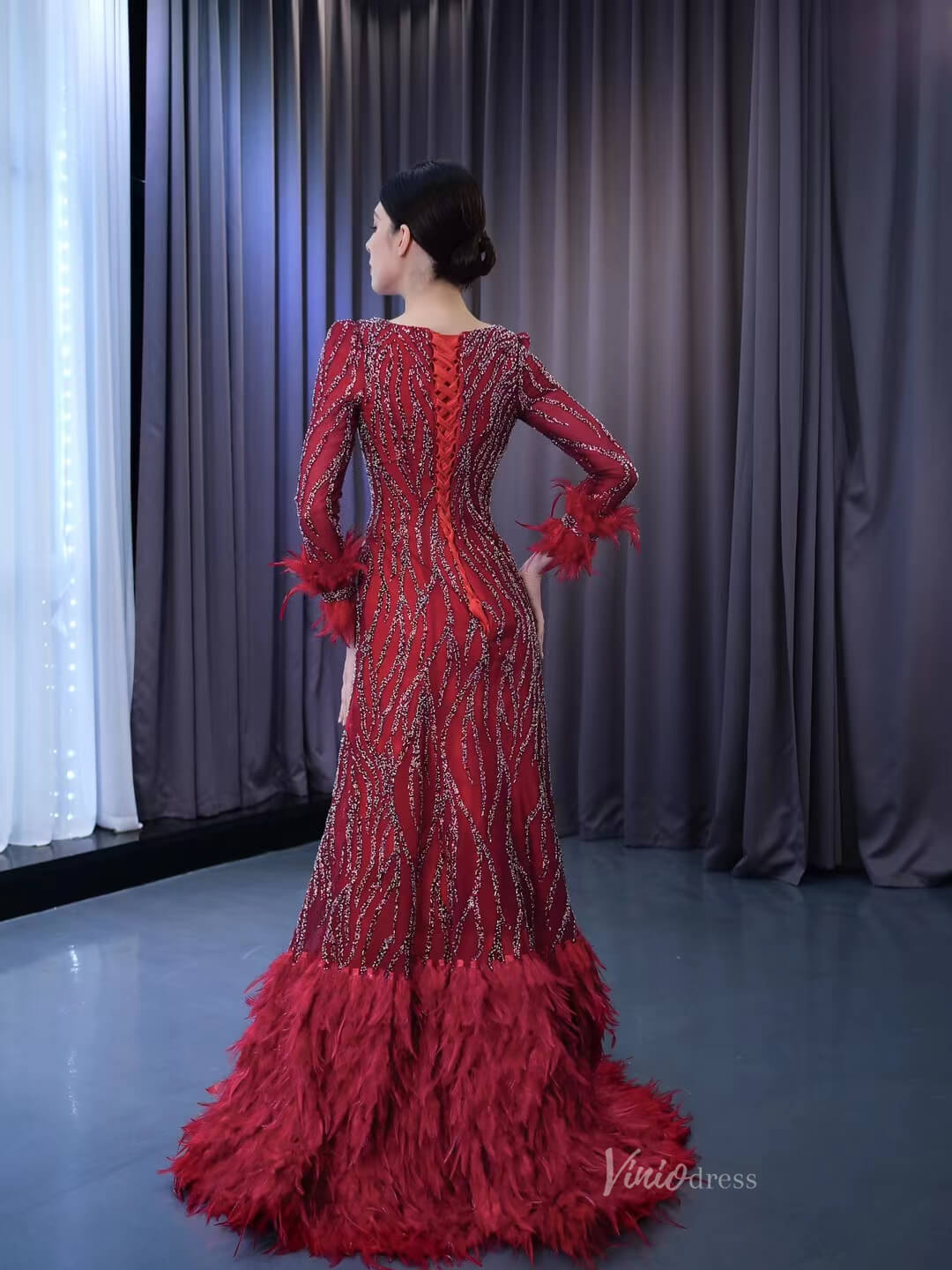 Burgundy Beade Formal Dresses Long Sleeve Prom Dress with Feathers 222 Viniodress Burgundy Beade Formal Dresses Long Sleeve Prom Dress with Feathers 222 Viniodress