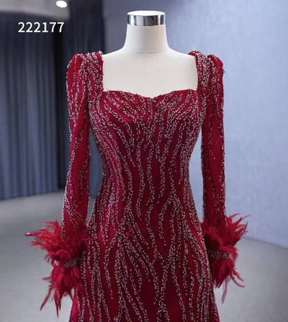 Burgundy Beade Formal Dresses Long Sleeve Prom Dress with Feathers 222177-wedding dresses 2025 -Viniodress-Burgundy-Custom Size-