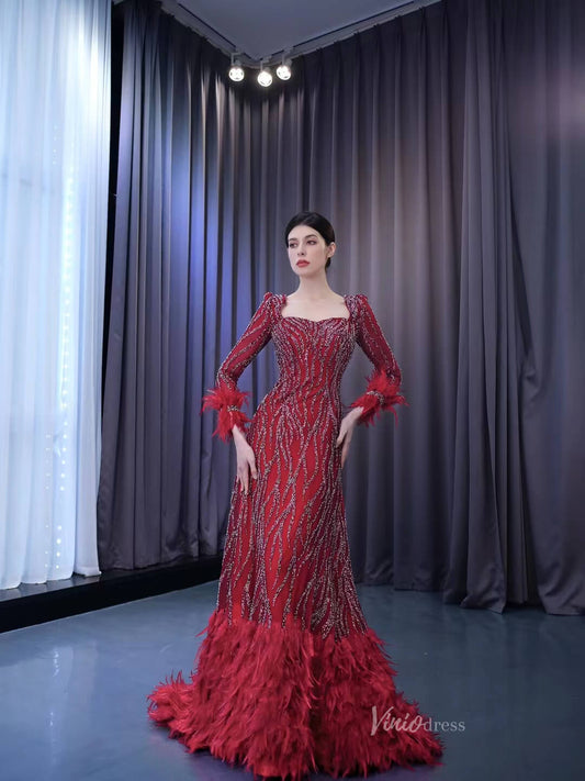 Burgundy Beade Formal Dresses Long Sleeve Prom Dress with Feathers 222177-wedding dresses 2025 -Viniodress-Burgundy-Custom Size-