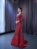 Burgundy Beade Formal Dresses Long Sleeve Prom Dress with Feathers 222177-wedding dresses-Viniodress-Viniodress