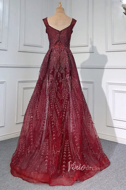 Burgundy Beaded Evening Dresses V-Neck Overskirt Pageant Dress FD3008-prom dresses 2025 -Viniodress-Burgundy-US 2-