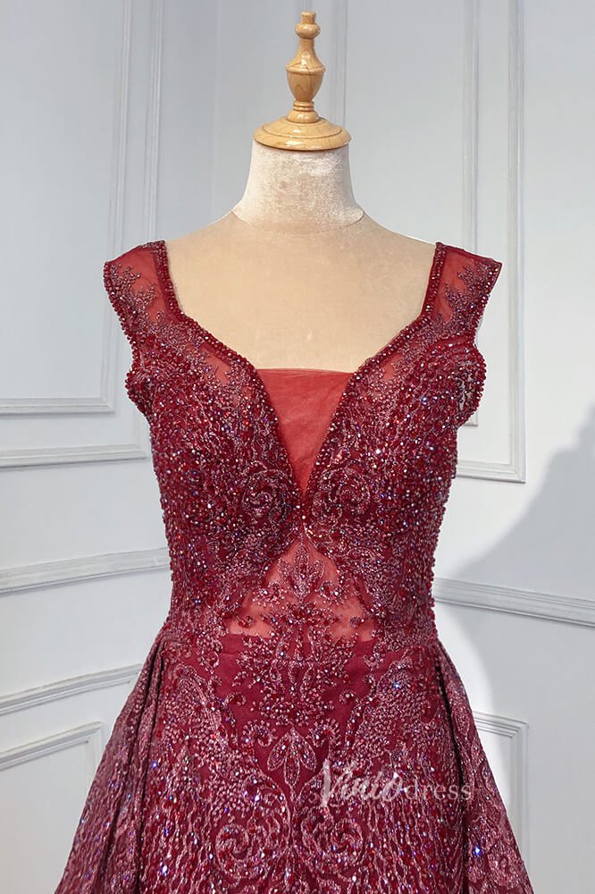 Burgundy Beaded Evening Dresses V-Neck Overskirt Pageant Dress FD3008-prom dresses 2025 -Viniodress-Burgundy-US 2-