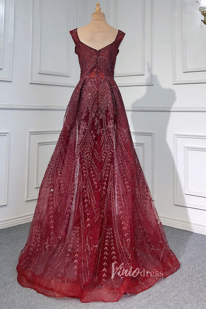 Prom Dress 2025 Burgundy Beaded Evening Dresses V-Neck Overskirt Pageant Dress FD3008-unique prom dresses-Burgundy-US 2-Viniodress