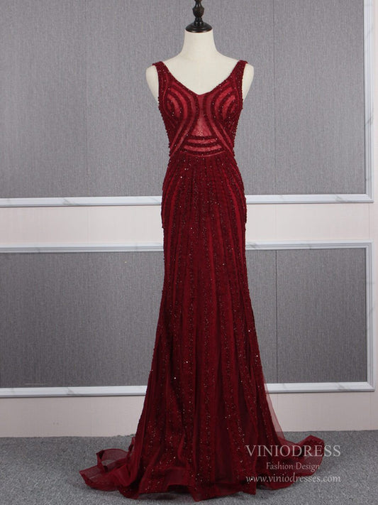 Burgundy Beaded Long Prom Dresses V-neck Formal Dress FD2473-Evening Dresses 2025 -Viniodress-Burgundy-US 2-
