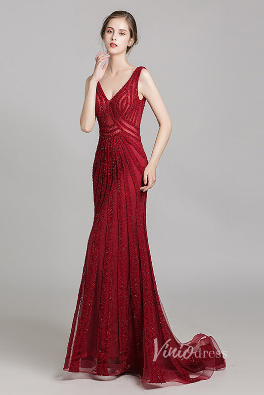 Prom Dress 2025 Burgundy Beaded Long Prom Dresses V-neck Formal Dress FD2473-unique prom dresses-Burgundy-US 2-Viniodress