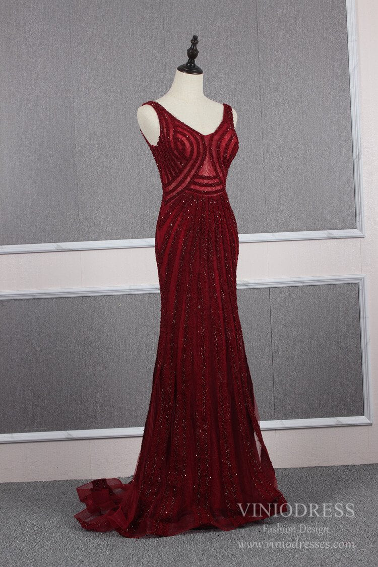 Prom Dress 2025 Burgundy Beaded Long Prom Dresses V-neck Formal Dress FD2473-unique prom dresses-Burgundy-US 2-Viniodress