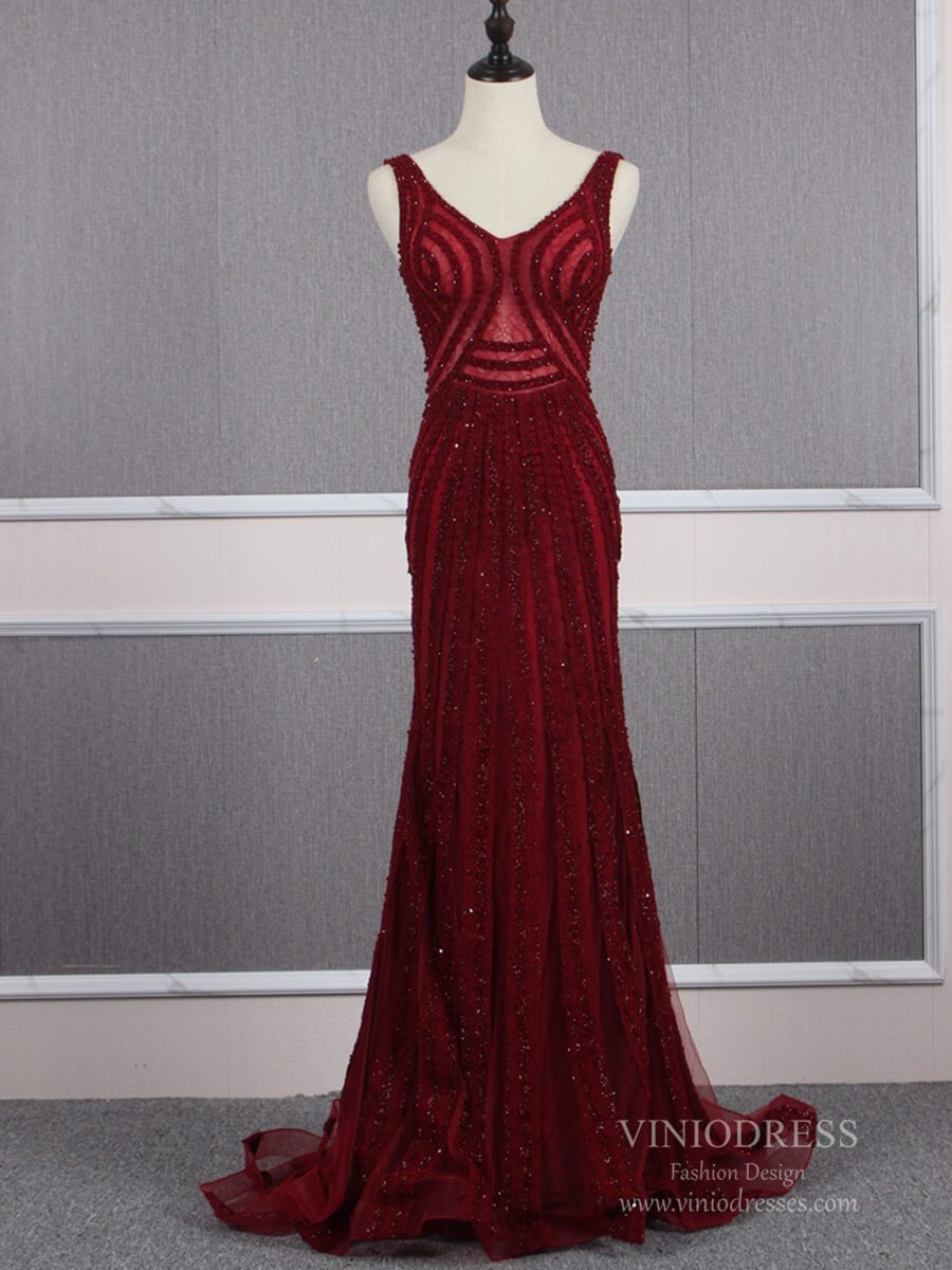 Burgundy Beaded Long Prom Dresses V-neck Formal Dress FD2473-prom dresses-Viniodress-Burgundy-US 2-Viniodress