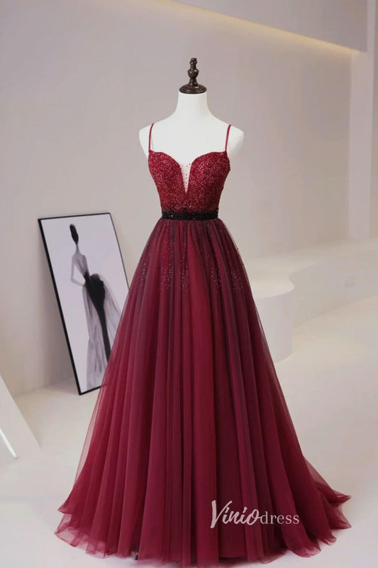 Burgundy Beaded Prom Dresses Spaghetti Strap Evening Dress AD1034-prom dresses 2025 -Viniodress-Burgundy-Custom Size-