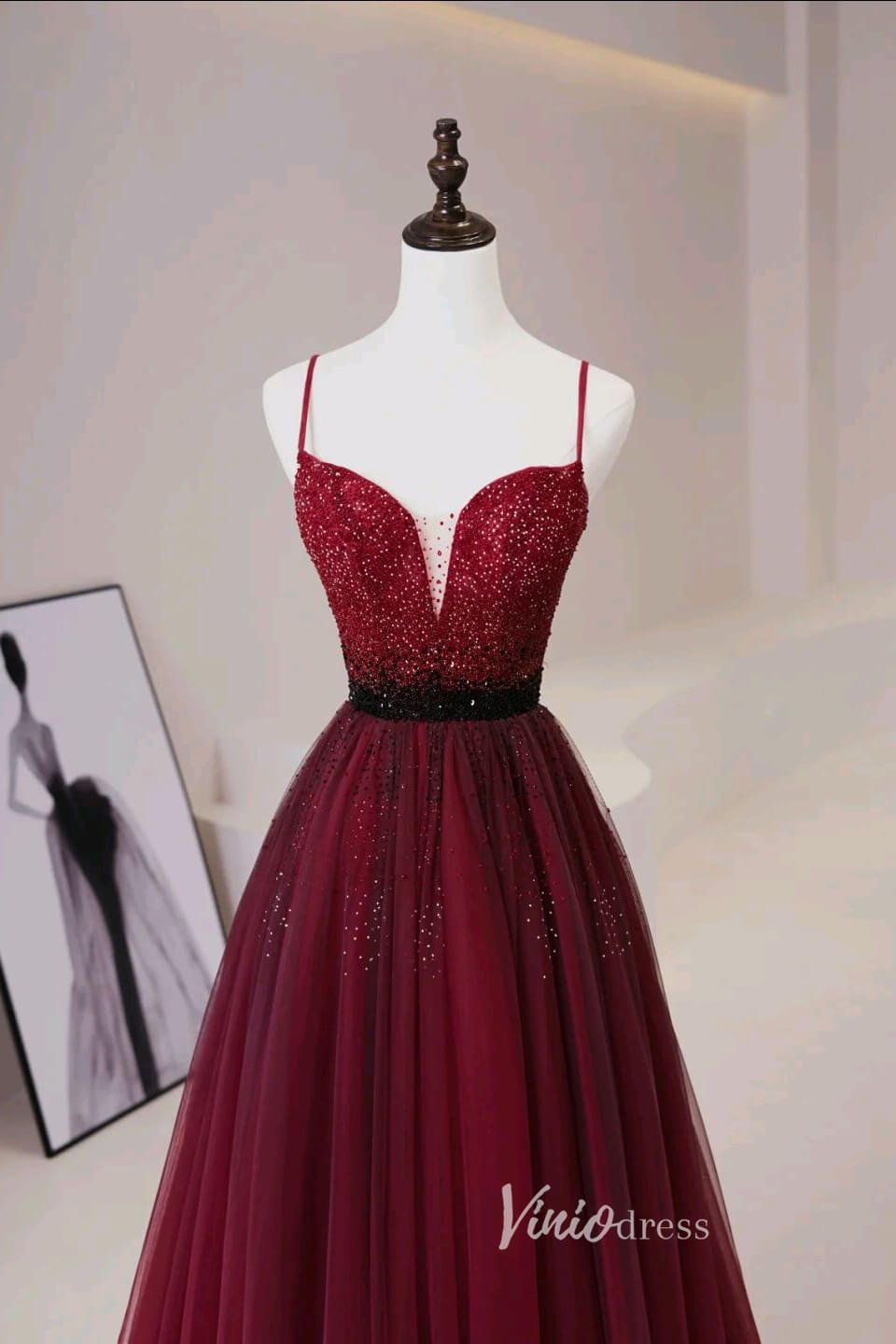 Burgundy Beaded Prom Dresses Spaghetti Strap Evening Dress AD1034 Viniodress Burgundy Beaded Prom Dresses Spaghetti Strap Evening Dress AD1034 Viniodress
