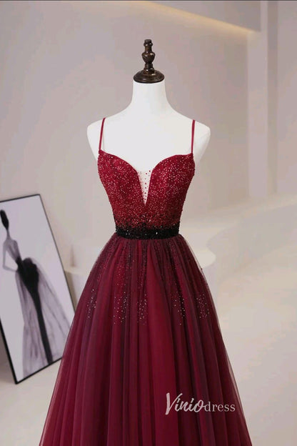 Burgundy Beaded Prom Dresses Spaghetti Strap Evening Dress AD1034-prom dresses 2025 -Viniodress-Burgundy-Custom Size-