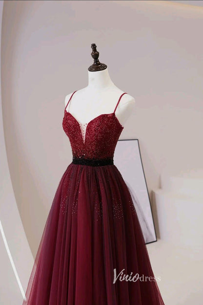 Burgundy Beaded Prom Dresses Spaghetti Strap Evening Dress AD1034-prom dresses 2025 -Viniodress-Burgundy-Custom Size-