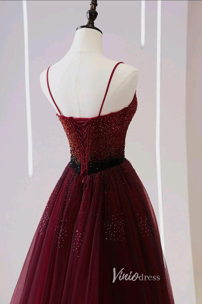Burgundy Beaded Prom Dresses Spaghetti Strap Evening Dress AD1034-prom dresses 2025 -Viniodress-Burgundy-Custom Size-