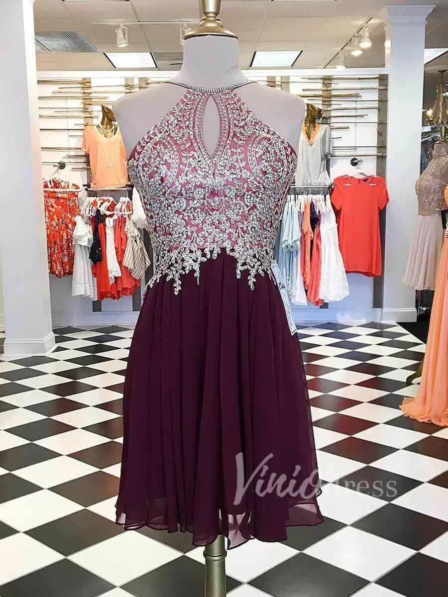 Short Prom Dresses 2025 Burgundy Chiffon Homecoming Dresses with Gold Lace Bodice SD1196-homecoming dresses-Viniodress-Burgundy-Custom Size-Viniodress