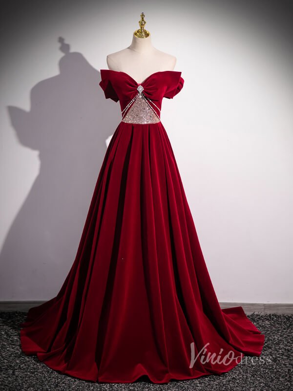 Burgundy Convertible Velvet Prom Dresses Bow Tie Beaded Bodice 90050-prom dresses 2025 -Viniodress-Burgundy-Custom Size-