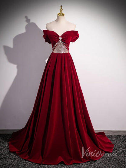 Burgundy Convertible Velvet Prom Dresses Bow Tie Beaded Bodice 90050-prom dresses 2025 -Viniodress-Burgundy-Custom Size-