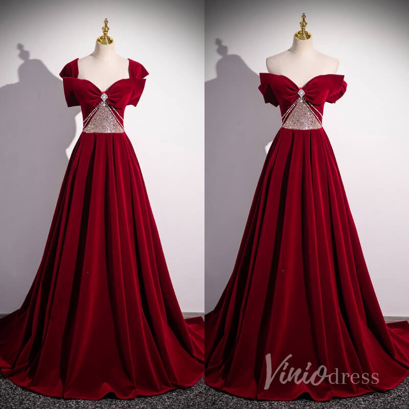 Burgundy Convertible Velvet Prom Dresses Bow Tie Beaded Bodice 90050-prom dresses 2025 -Viniodress-Burgundy-Custom Size-