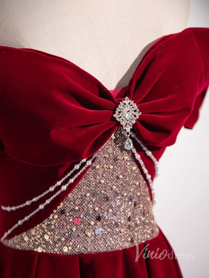 Burgundy Convertible Velvet Prom Dresses Bow Tie Beaded Bodice 90050-prom dresses 2025 -Viniodress-Burgundy-Custom Size-