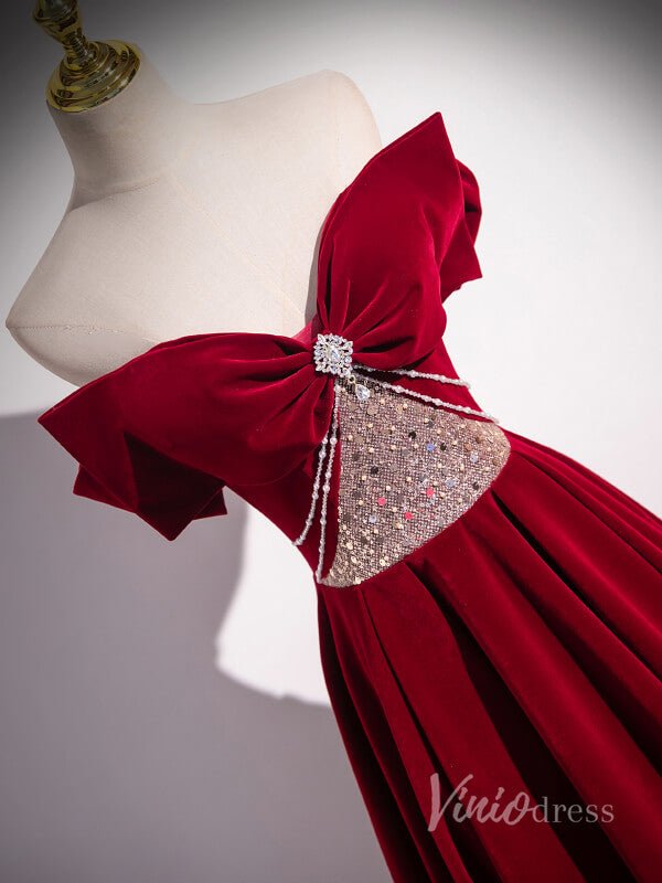 Burgundy Convertible Velvet Prom Dresses Bow Tie Beaded Bodice 90050-prom dresses 2025 -Viniodress-Burgundy-Custom Size-