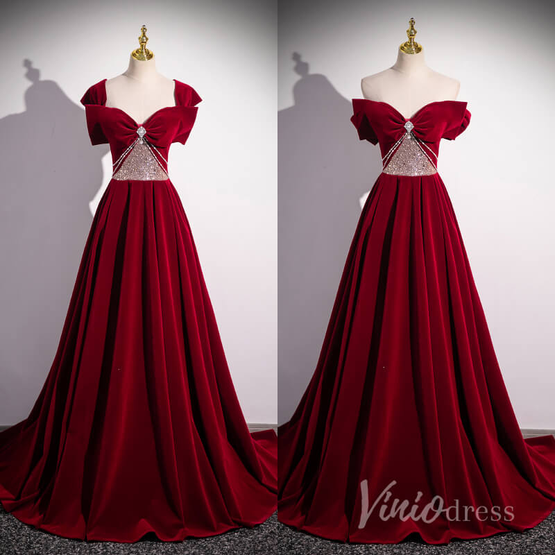 Prom Dress 2025 Burgundy Convertible Velvet Cheap Prom Dresses Bow Tie Beaded Bodice 90050-unique prom dresses-Burgundy-Custom Size-Viniodress