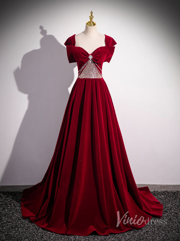 Prom Dress 2025 Burgundy Convertible Velvet Cheap Prom Dresses Bow Tie Beaded Bodice 90050-unique prom dresses-Burgundy-Custom Size-Viniodress