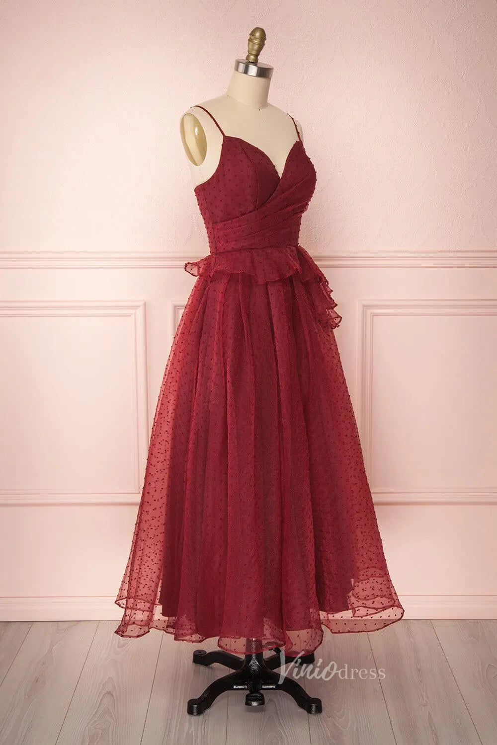 Burgundy Dotted Tulle Prom Dress Spaghetti Strap Maxi Dress FD2032-prom dresses 2025 -Viniodress-Burgundy-Custom Size-
