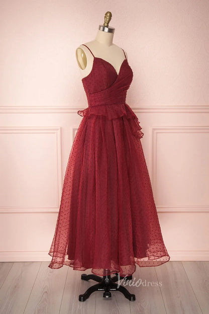 Burgundy Dotted Tulle Prom Dress Spaghetti Strap Maxi Dress FD2032-prom dresses 2025 -Viniodress-Burgundy-Custom Size-
