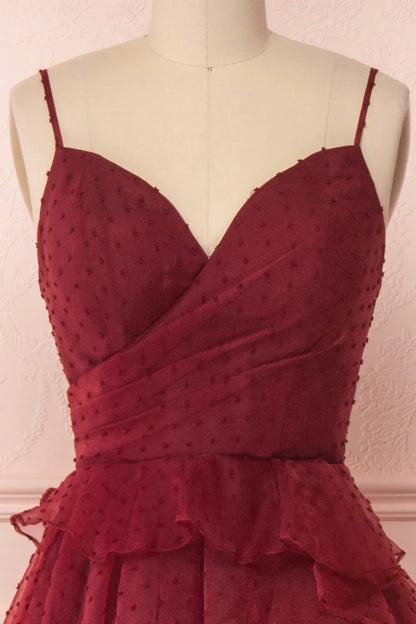 Burgundy Dotted Tulle Prom Dress Spaghetti Strap Maxi Dress FD2032-prom dresses 2025 -Viniodress-Burgundy-Custom Size-