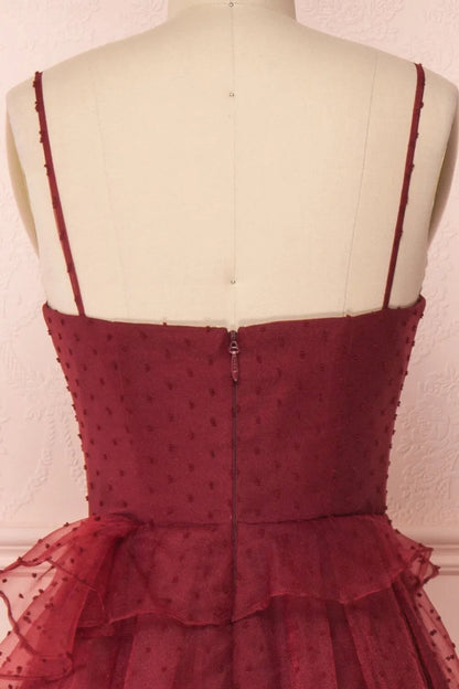 Burgundy Dotted Tulle Prom Dress Spaghetti Strap Maxi Dress FD2032-prom dresses 2025 -Viniodress-Burgundy-Custom Size-
