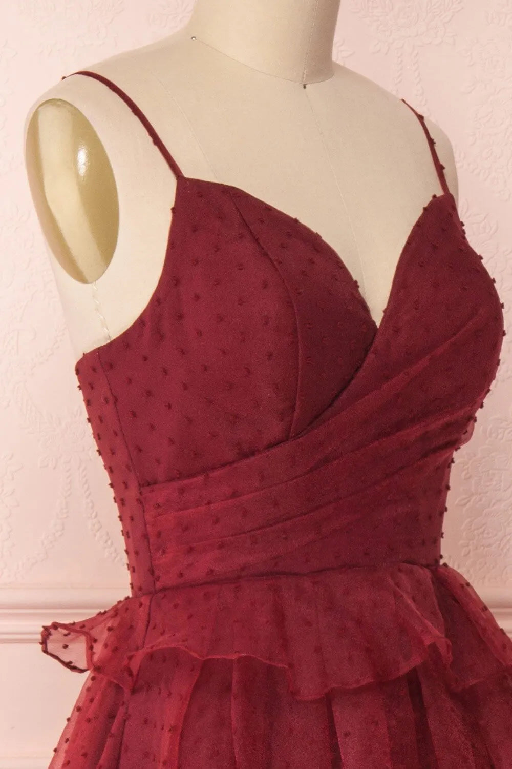 Burgundy Dotted Tulle Prom Dress Spaghetti Strap Maxi Dress FD2032-prom dresses 2025 -Viniodress-Burgundy-Custom Size-