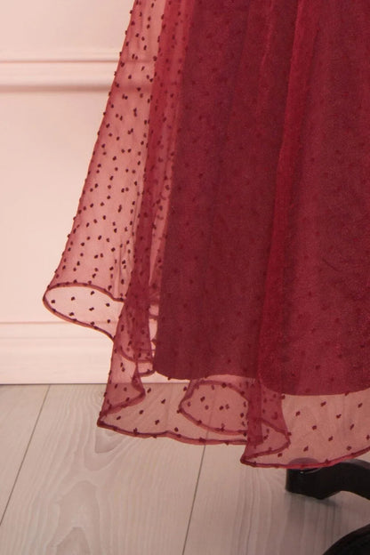 Burgundy Dotted Tulle Prom Dress Spaghetti Strap Maxi Dress FD2032-prom dresses 2025 -Viniodress-Burgundy-Custom Size-