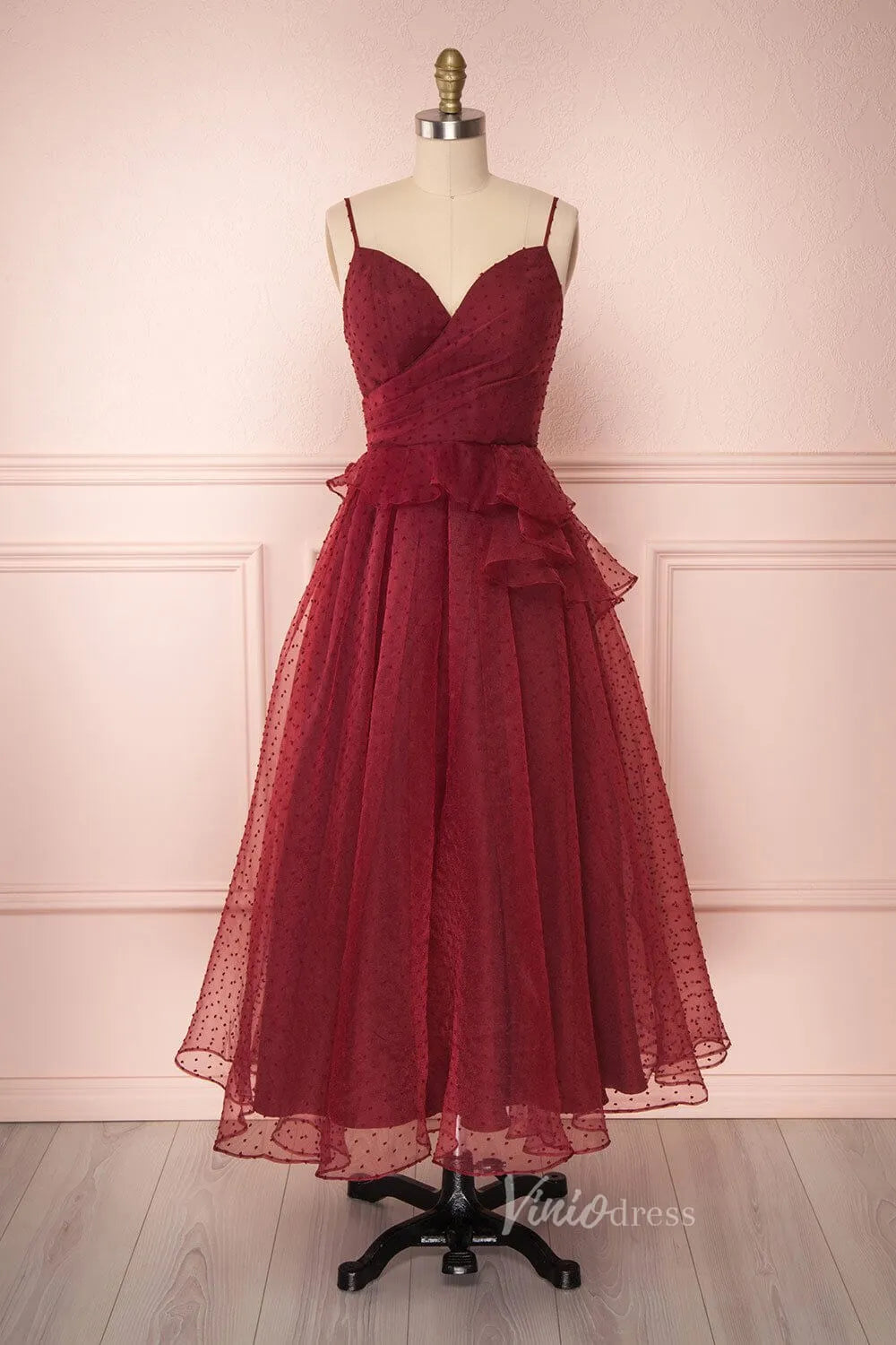 Burgundy Dotted Tulle Prom Dress Spaghetti Strap Maxi Dress FD2032-prom dresses 2025 -Viniodress-Burgundy-Custom Size-